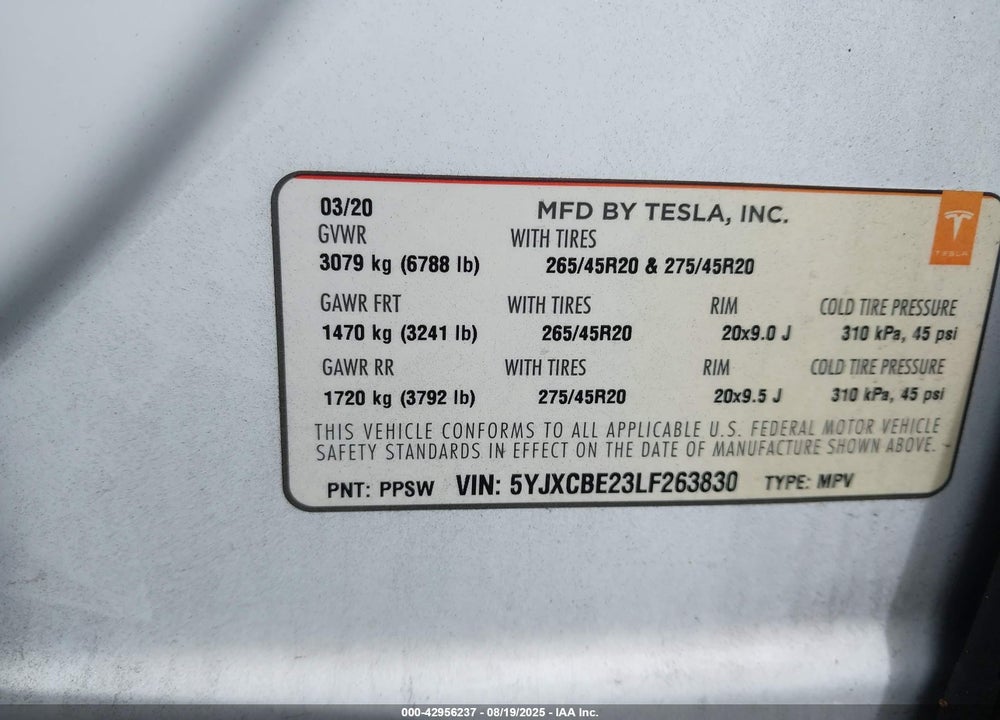 2020 TESLA MODEL X VIN: 5YJXCBE23LF263830
