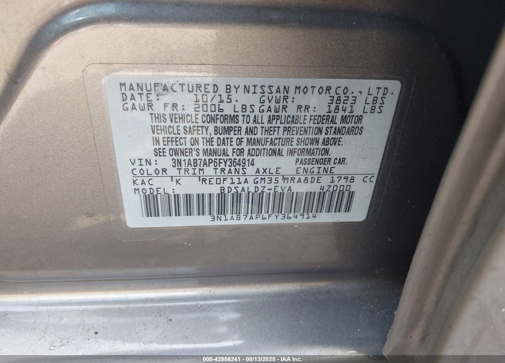 2015 NISSAN SENTRA VIN: 3N1AB7AP6FY364914