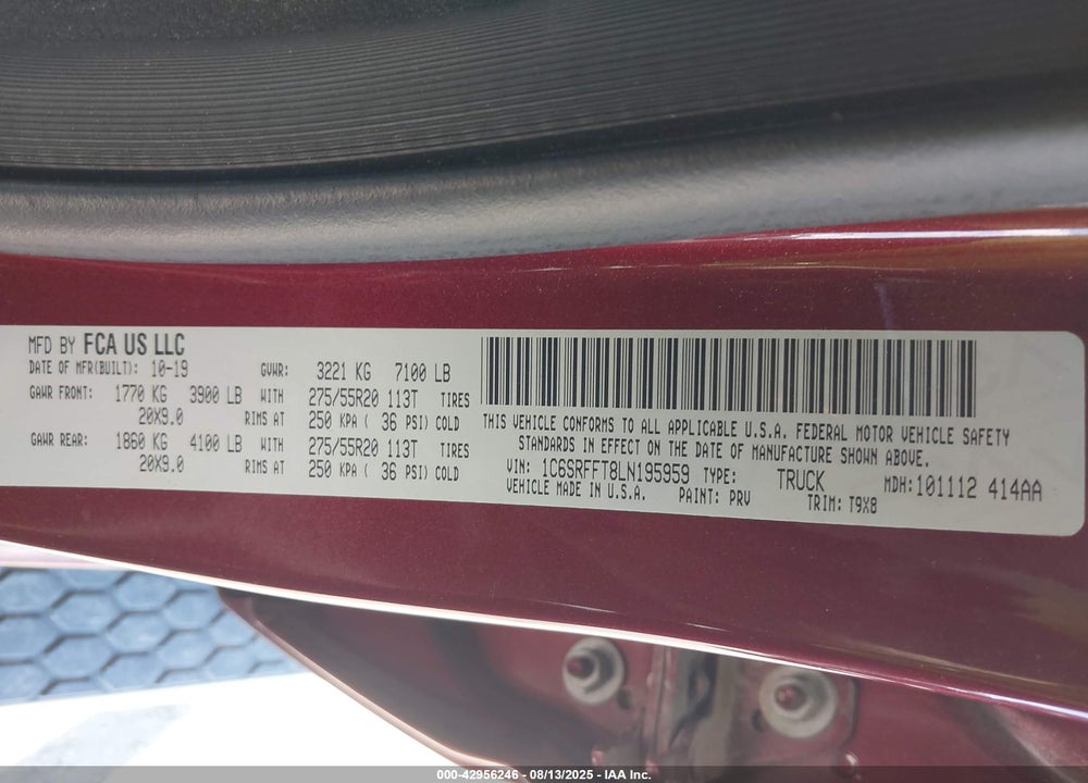 2020 RAM 1500 VIN: 1C6SRFFT8LN195959