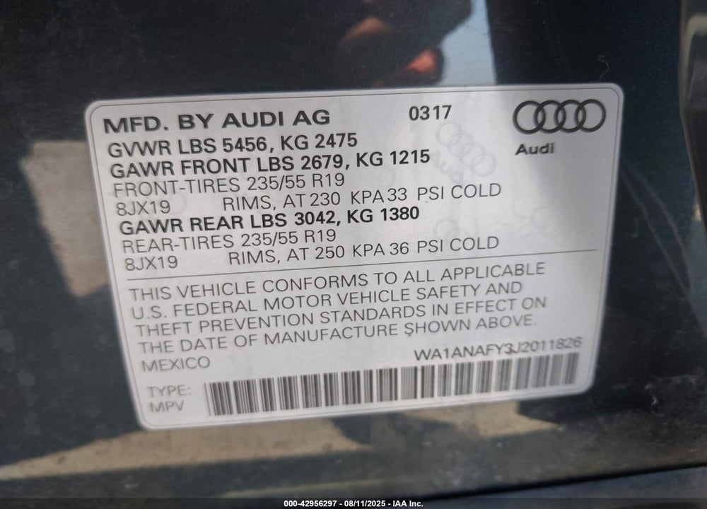 2018 AUDI Q5 2.0T PREMIUM/2.0T TECH PREMIUM VIN: WA1ANAFY3J2011826