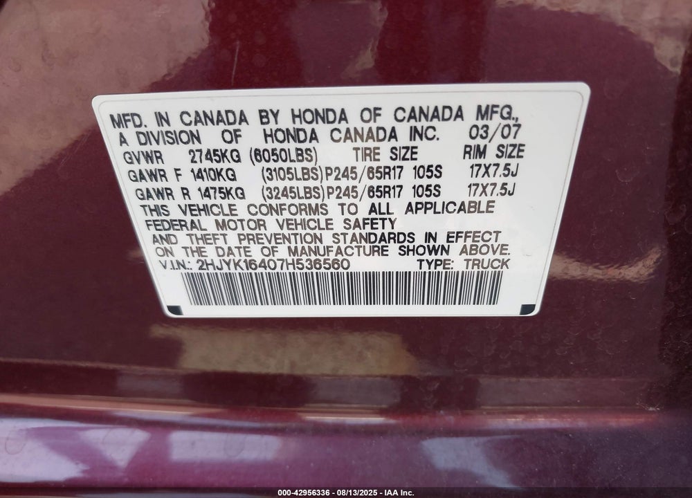 2007 HONDA RIDGELINE VIN: 2HJYK16407H536560
