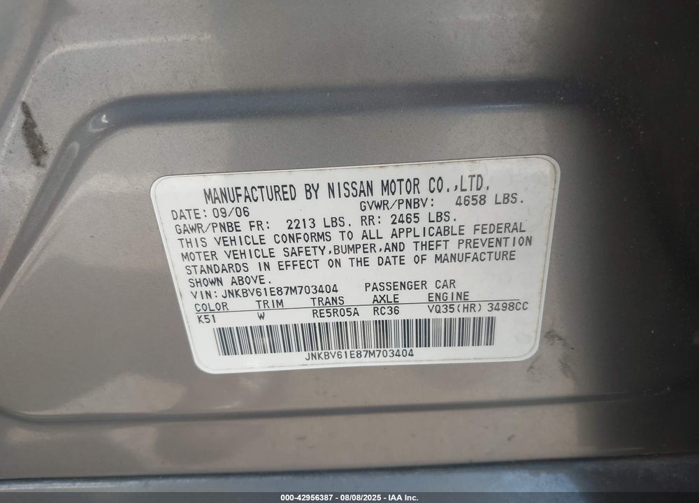 2007 INFINITI G35 SPORT VIN: JNKBV61E87M703404
