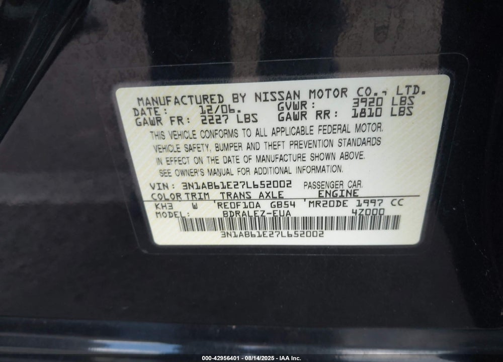 2007 NISSAN SENTRA VIN: 3N1AB61E27L652002