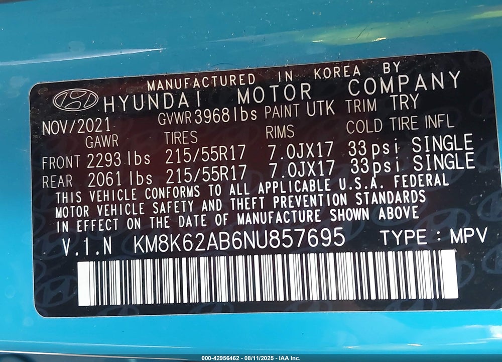 2022 HYUNDAI KONA SEL VIN: KM8K62AB6NU857695