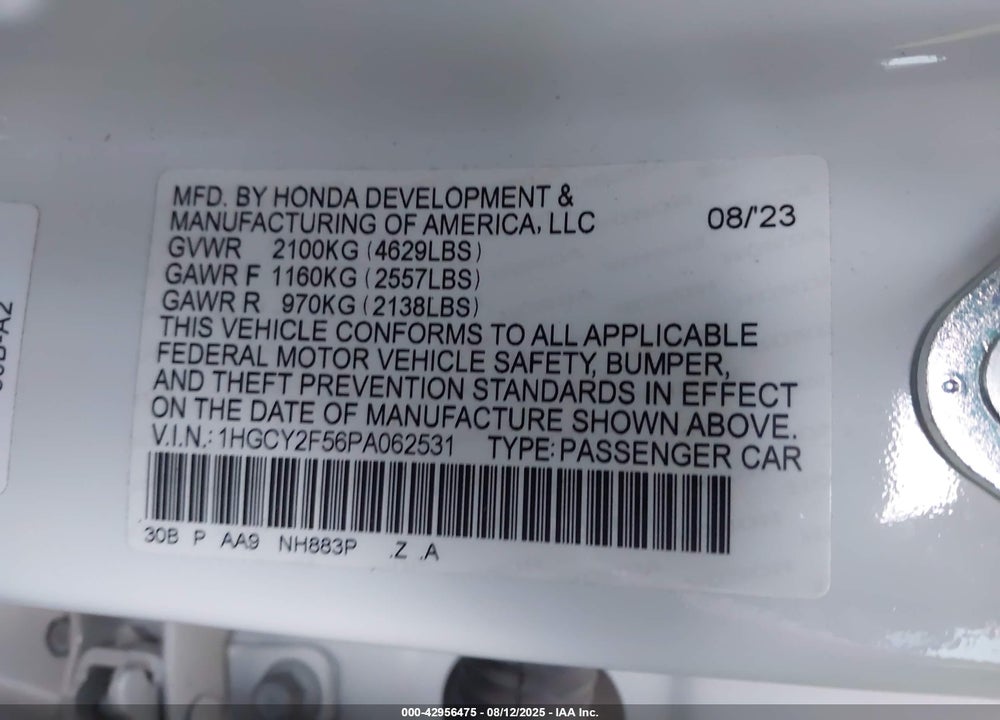 2023 HONDA ACCORD VIN: 1HGCY2F56PA062531