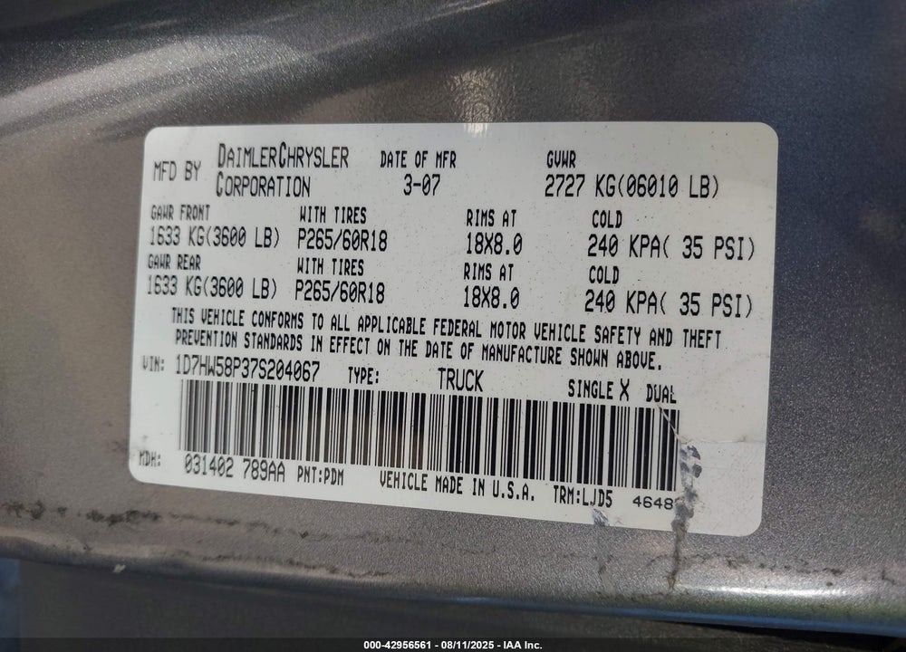2007 DODGE DAKOTA LARAMIE VIN: 1D7HW58P37S204067