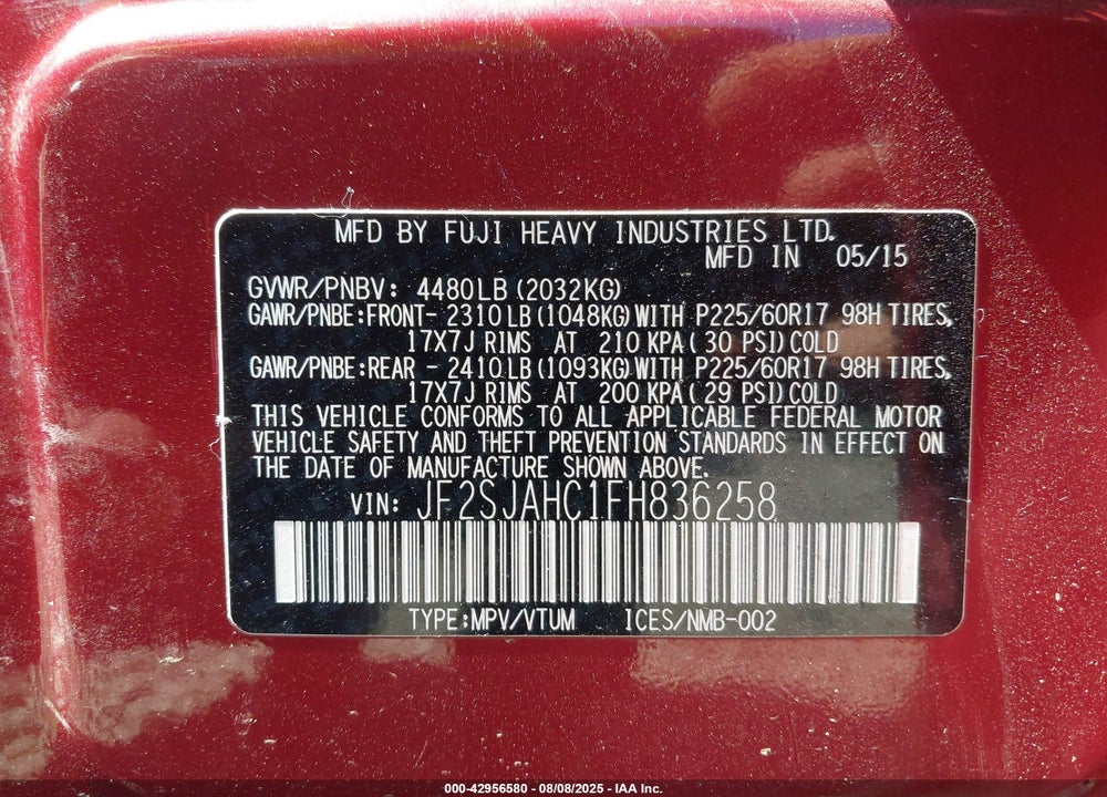 2015 SUBARU FORESTER 2.5I LIMITED VIN: JF2SJAHC1FH836258