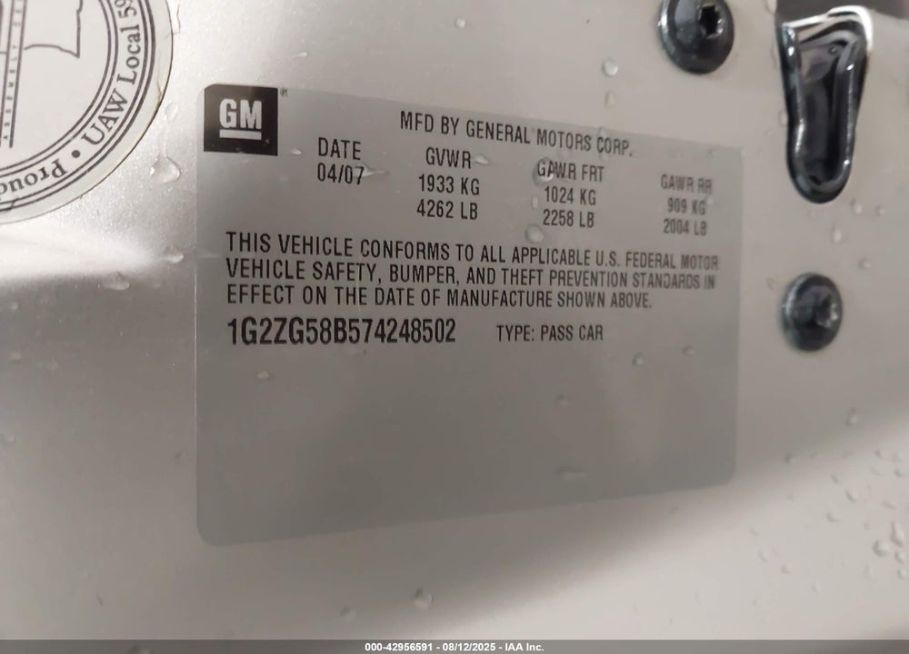2007 PONTIAC G6 VIN: 1G2ZG58B574248502