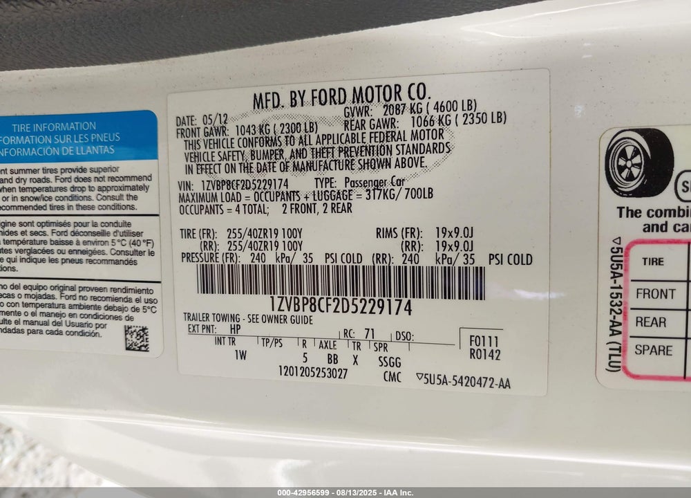 2013 FORD MUSTANG GT VIN: 1ZVBP8CF2D5229174