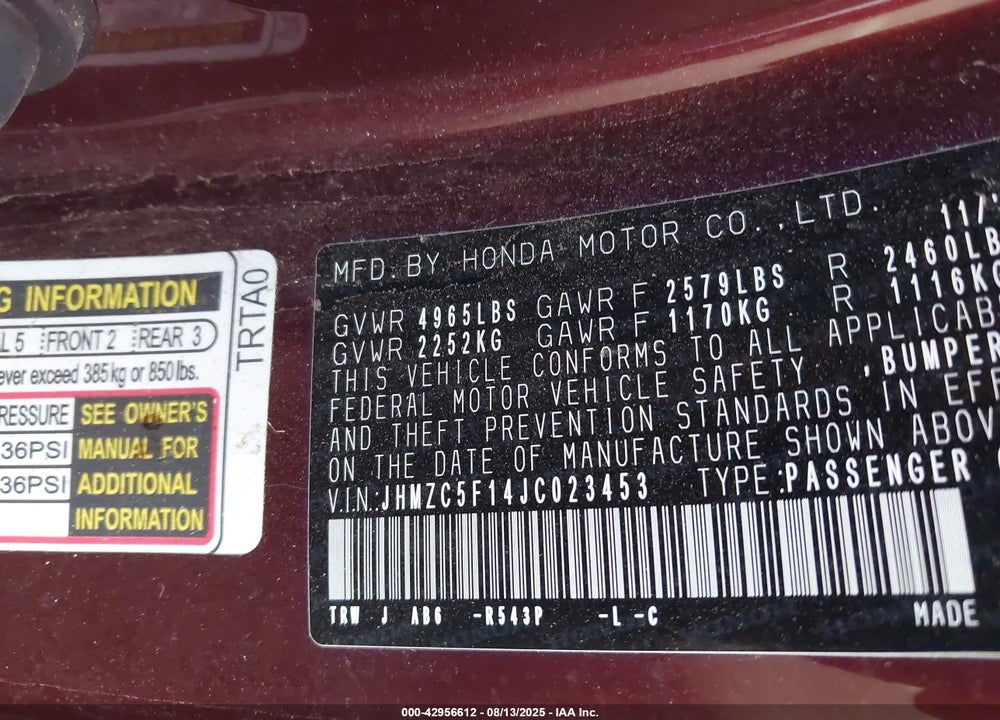2018 HONDA CLARITY PLUG-IN HYBRID VIN: JHMZC5F14JC023453