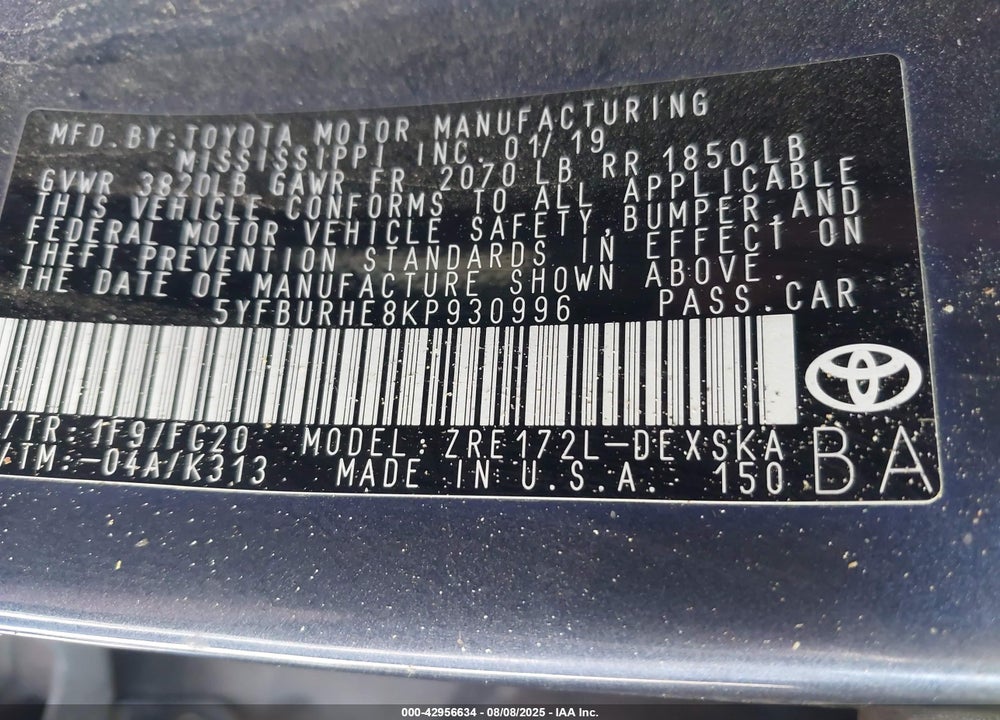 2019 TOYOTA COROLLA VIN: 5YFBURHE8KP930996