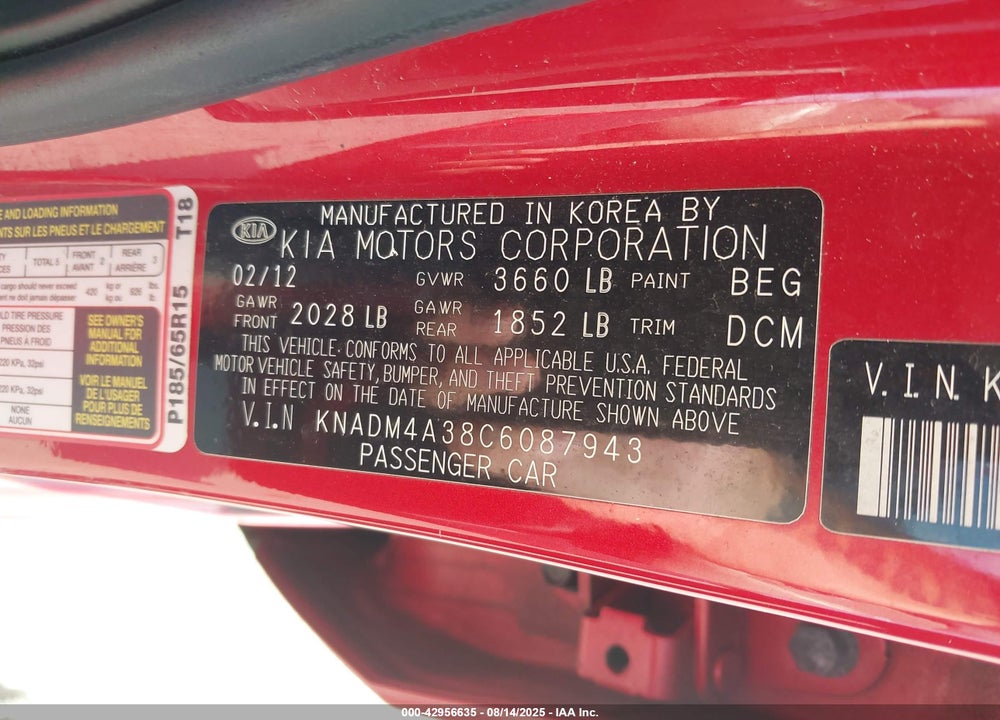 2012 KIA RIO VIN: KNADM4A38C6087943