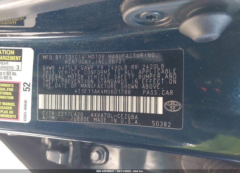 2021 TOYOTA CAMRY VIN: 4T1F11AK4MU601788