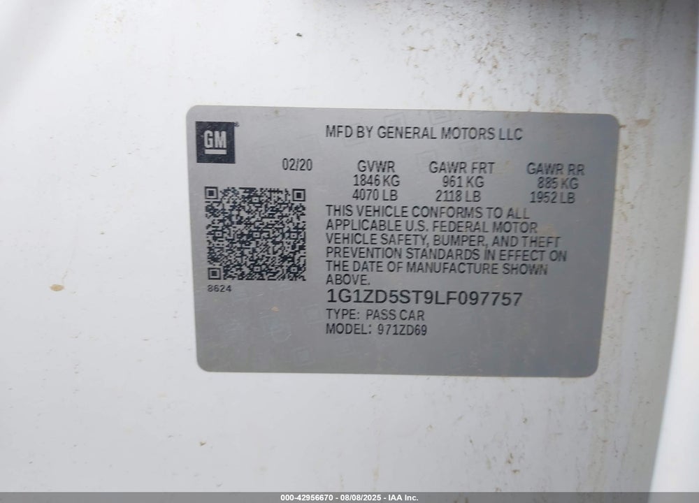 2020 CHEVROLET MALIBU VIN: 1G1ZD5ST9LF097757