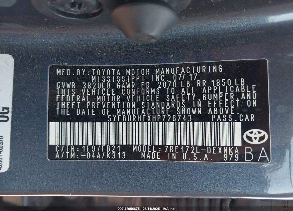 2017 TOYOTA COROLLA LE VIN: 5YFBURHEXHP726743