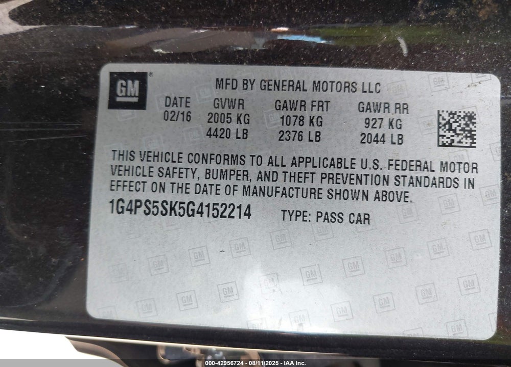 2016 BUICK VERANO LEATHER GROUP VIN: 1G4PS5SK5G4152214