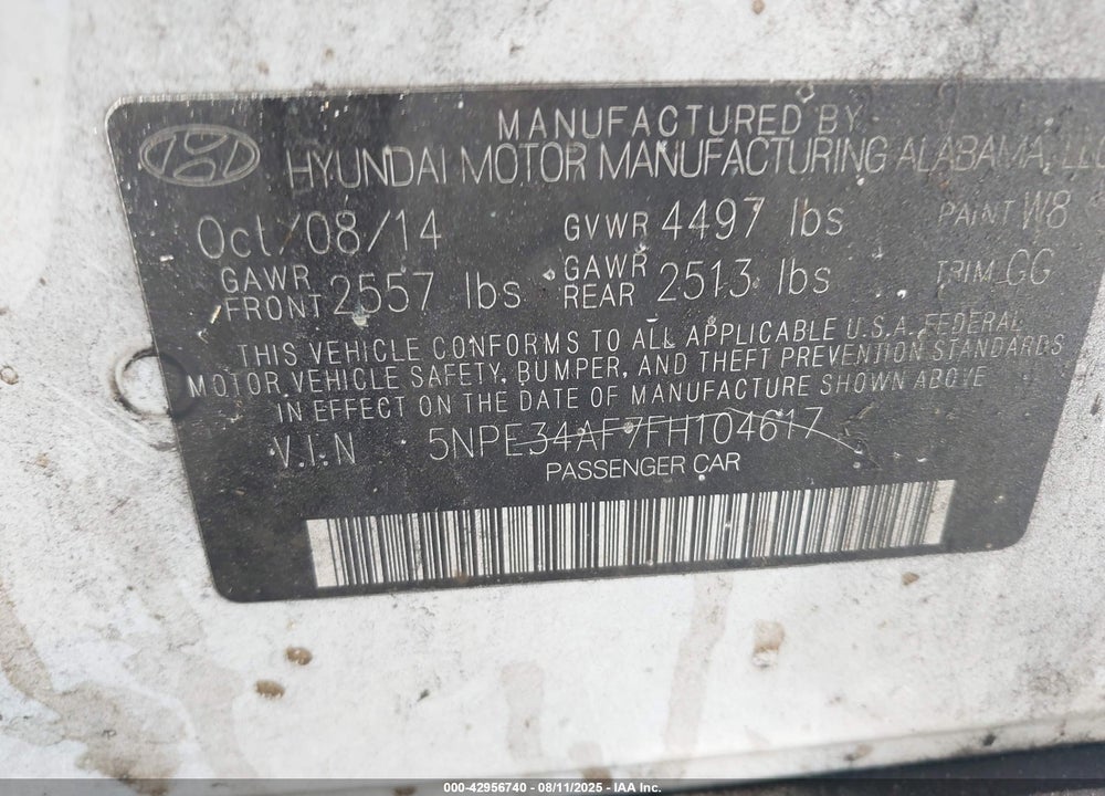 2015 HYUNDAI SONATA VIN: 5NPE34AF7FH104617