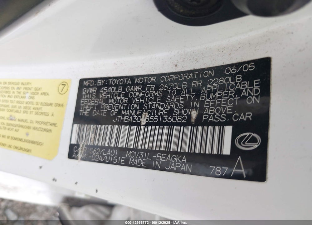 2005 LEXUS ES 330 VIN: JTHBA30G855136082