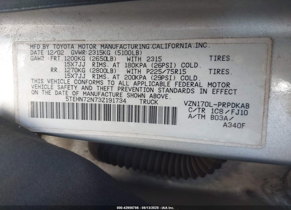 2003 TOYOTA TACOMA BASE V6 VIN: 5TEHN72N73Z191734