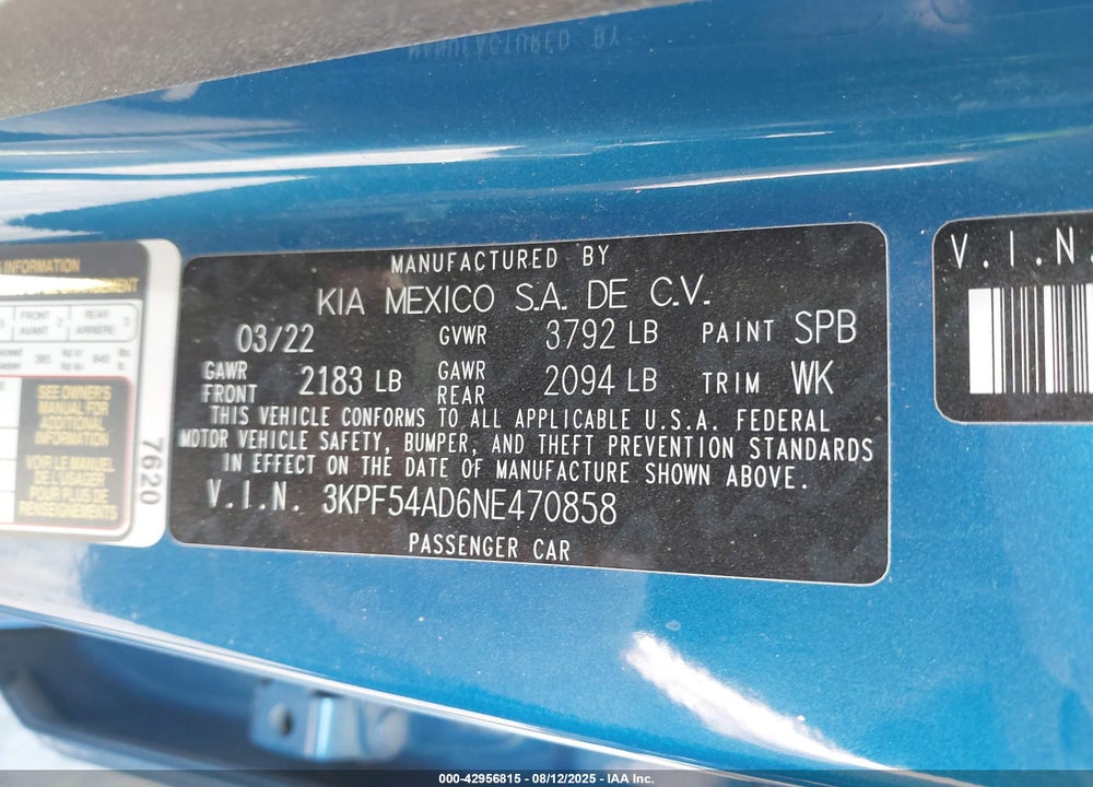 2022 KIA FORTE VIN: 3KPF54AD6NE470858