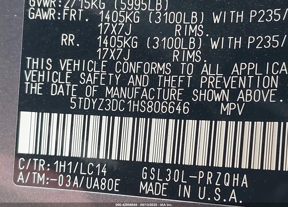 2017 TOYOTA SIENNA XLE 8 PASSENGER VIN: 5TDYZ3DC1HS806646