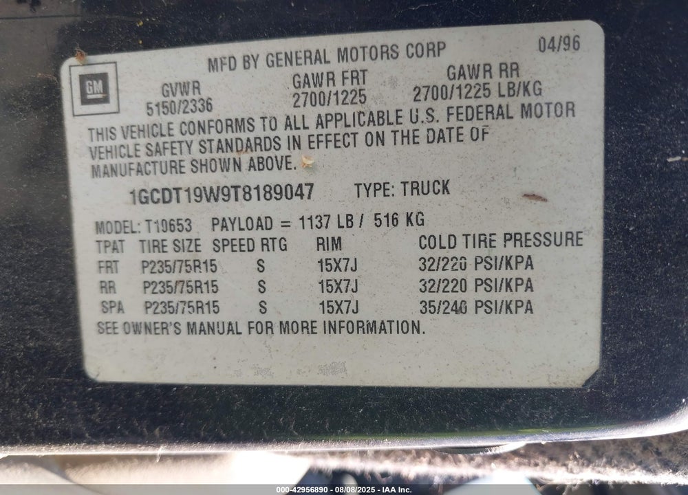 1996 CHEVROLET S TRUCK S10 VIN: 1GCDT19W9T8189047