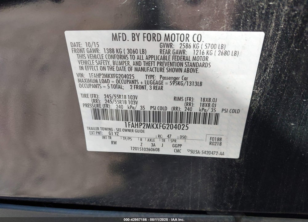 2015 FORD POLICE INTERCEPTOR UTILITY VIN: 1FAHP2MKXFG204025