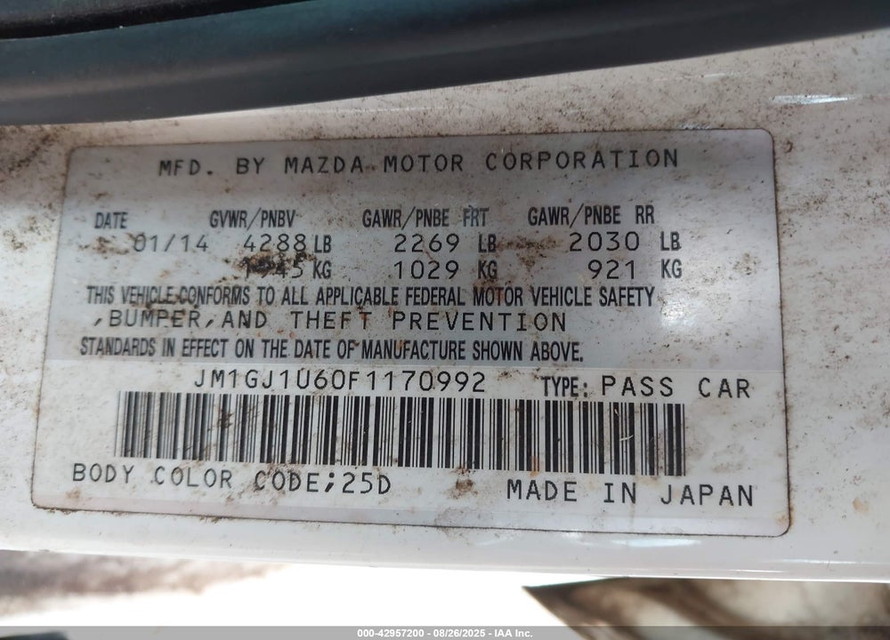 2015 MAZDA 6 VIN: JM1GJ1U60F1170992