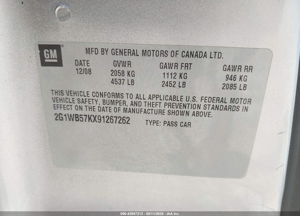 2009 CHEVROLET IMPALA VIN: 2G1WB57KX91267262