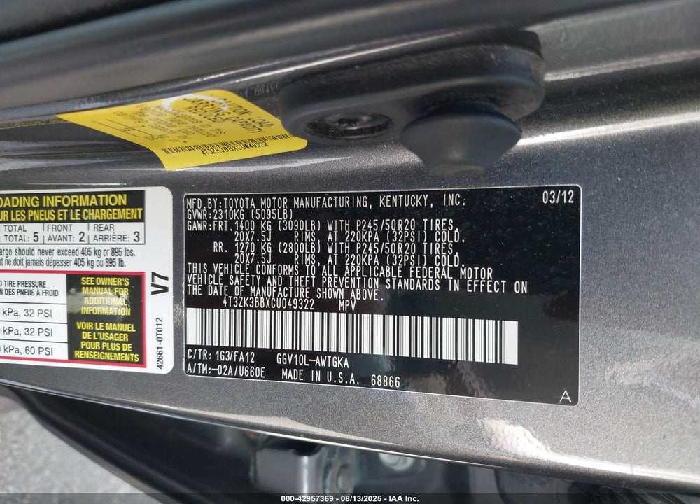 2012 TOYOTA VENZA VIN: 4T3ZK3BBXCU049322