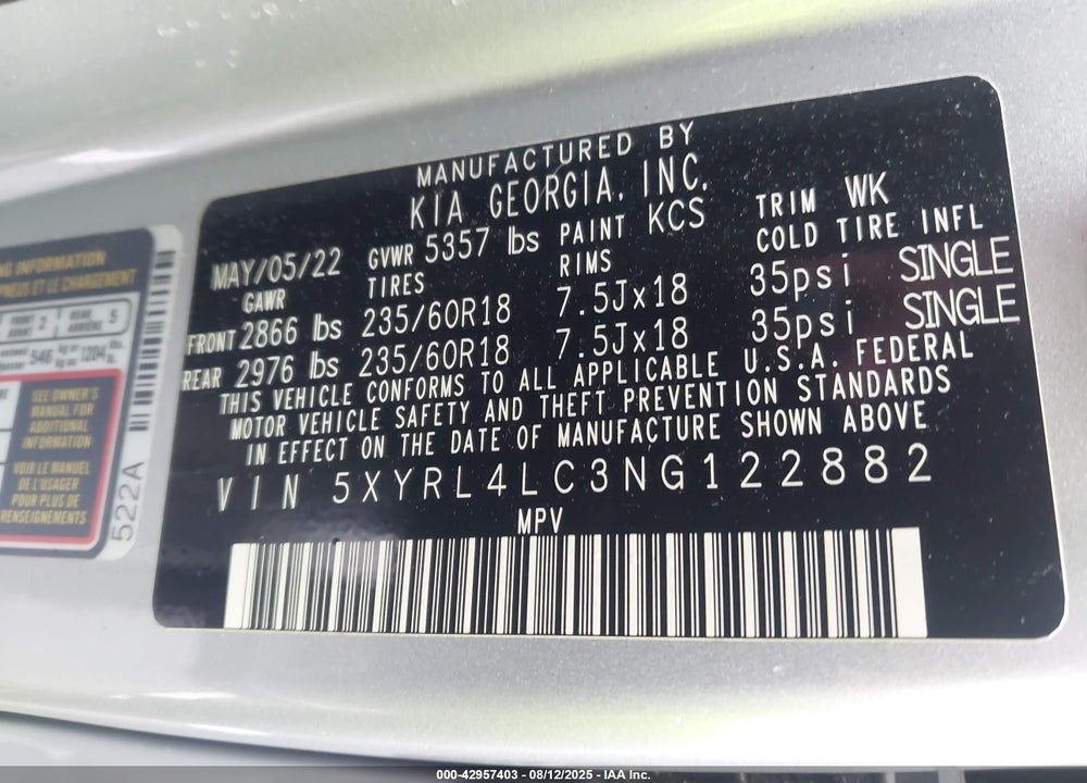 2022 KIA SORENTO VIN: 5XYRL4LC3NG122882