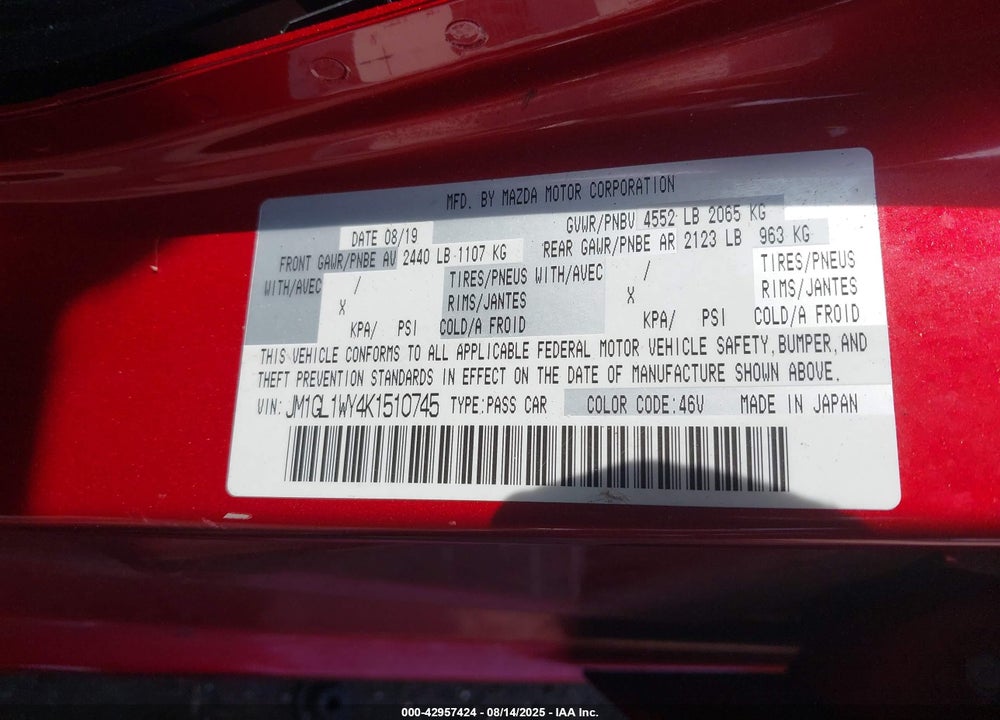 2019 MAZDA 6 VIN: JM1GL1WY4K1510745