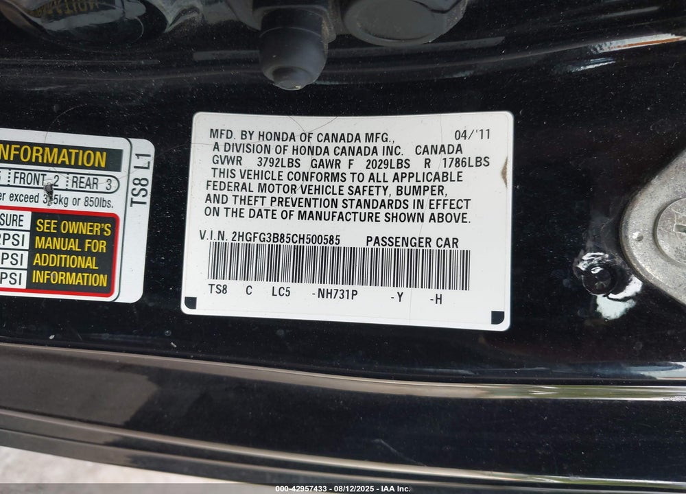 2012 HONDA CIVIC VIN: 2HGFG3B85CH500585