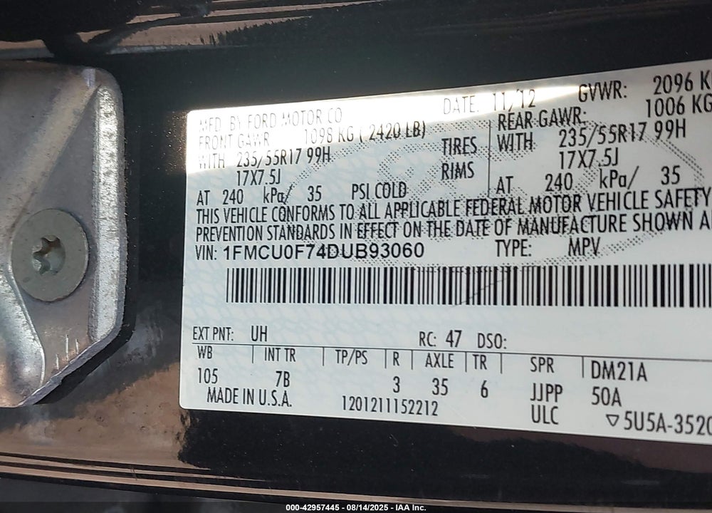 2013 FORD ESCAPE VIN: 1FMCU0F74DUB93060
