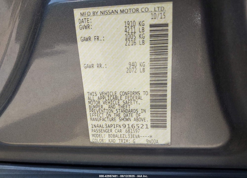2015 NISSAN ALTIMA VIN: 1N4AL3AP1FN916521