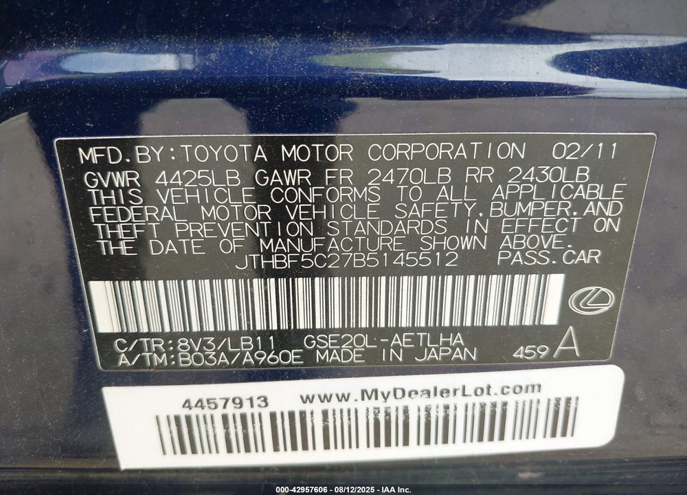 2011 LEXUS IS 250 VIN: JTHBF5C27B5145512