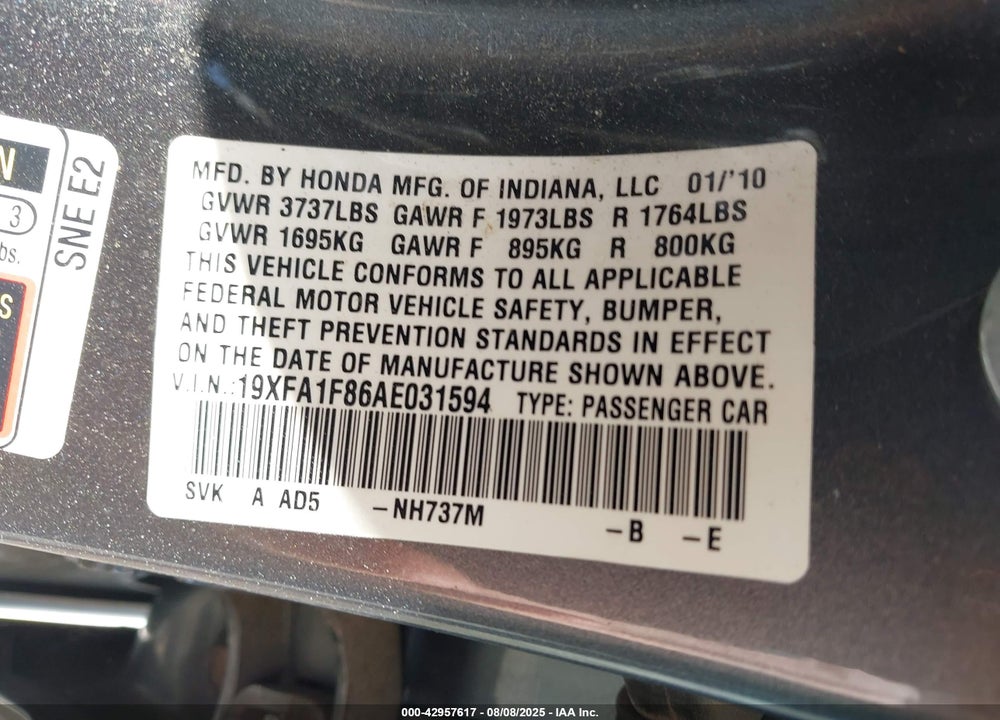 2010 HONDA CIVIC VIN: 19XFA1F86AE031594