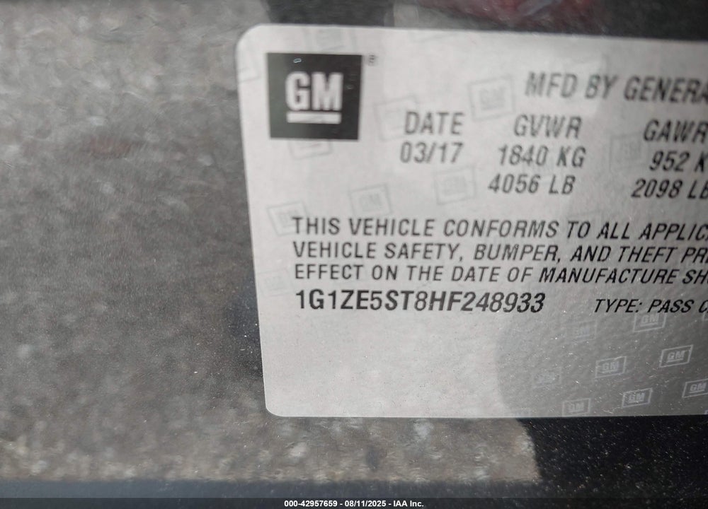 2017 CHEVROLET MALIBU VIN: 1G1ZE5ST8HF248933