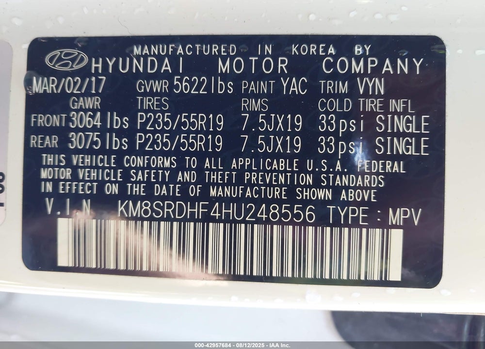 2017 HYUNDAI SANTA FE VIN: KM8SRDHF4HU248556