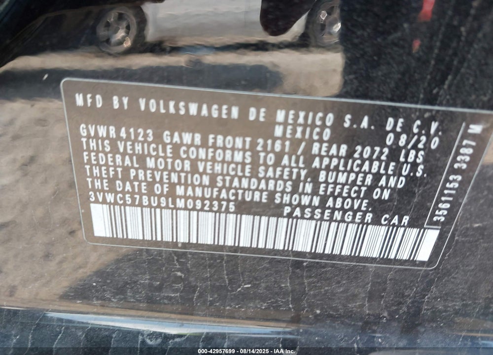 2020 VOLKSWAGEN JETTA VIN: 3VWC57BU9LM092375