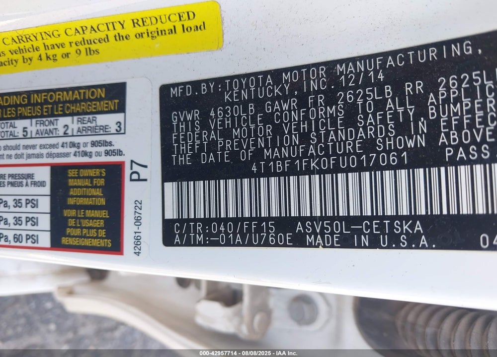 2015 TOYOTA CAMRY VIN: 4T1BF1FK0FU017061