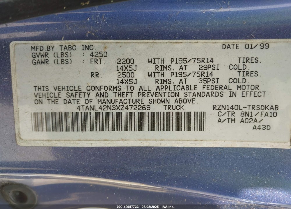 1999 TOYOTA TACOMA VIN: 4TANL42N3XZ472269