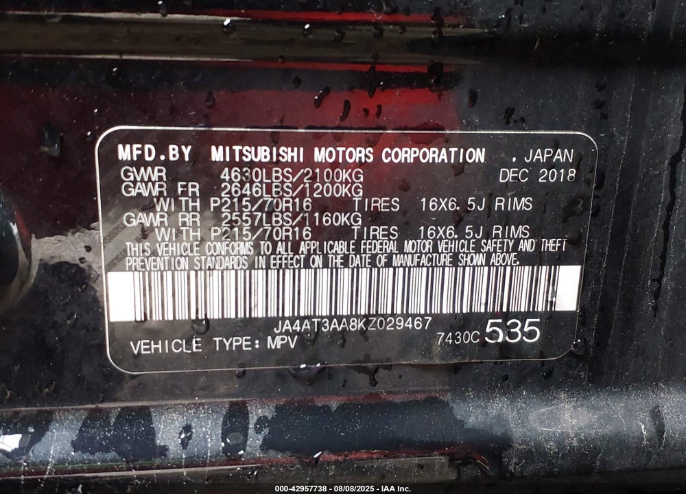 2019 MITSUBISHI ECLIPSE CROSS ES VIN: JA4AT3AA8KZ029467