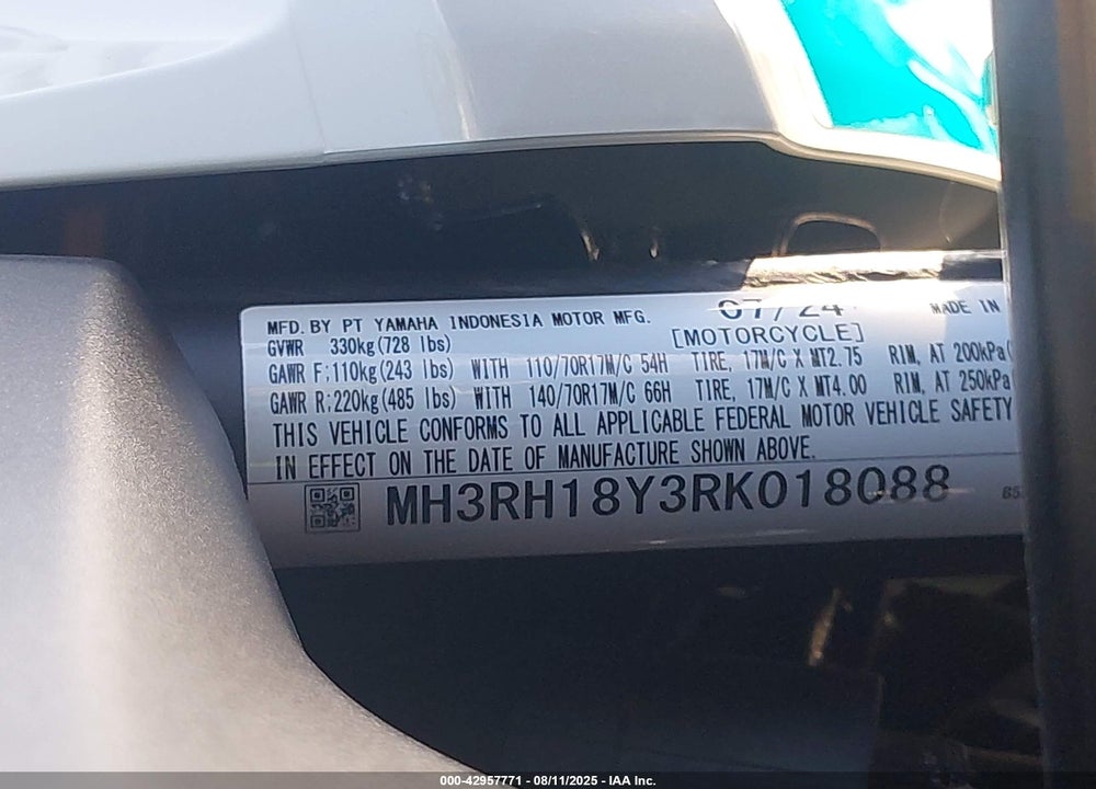 2024 YAMAHA YZFR3 A VIN: MH3RH18Y3RK018088