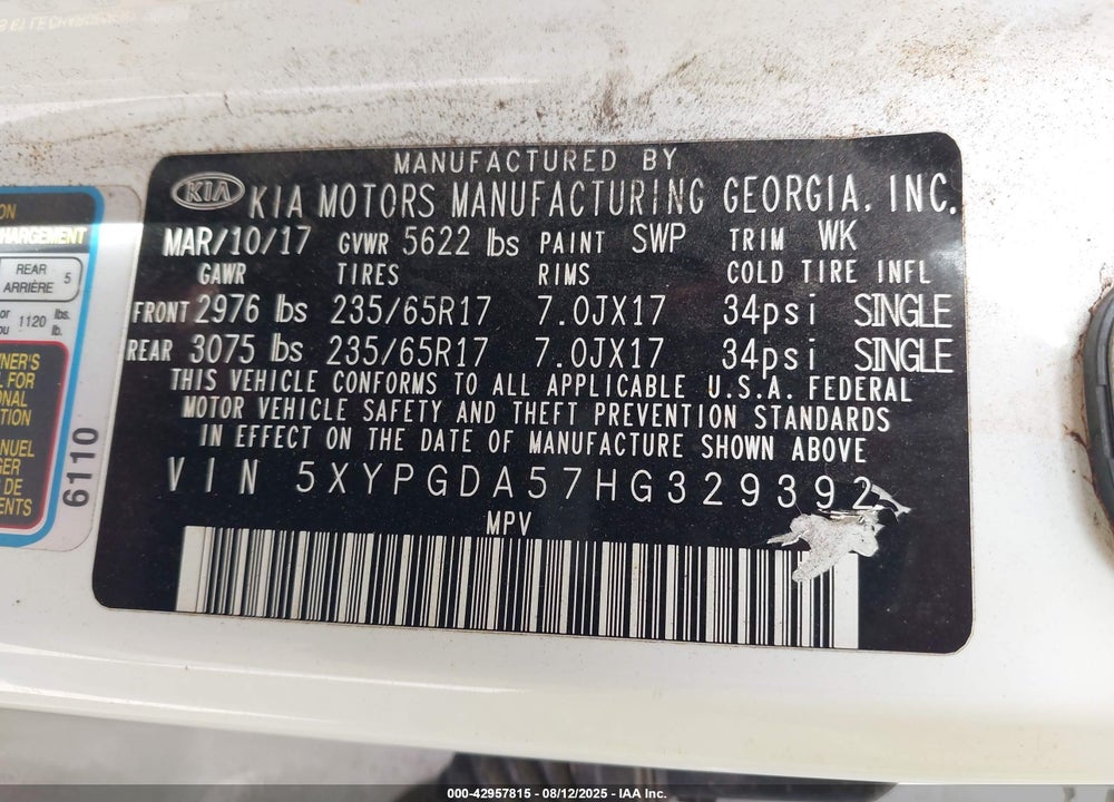 2017 KIA SORENTO VIN: 5XYPGDA57HG329392
