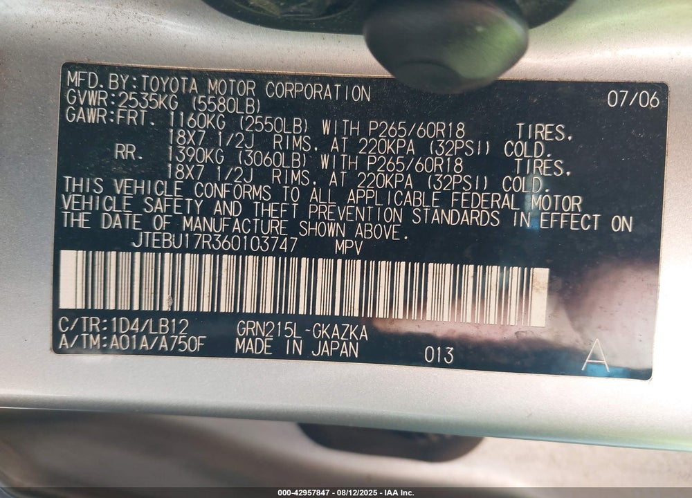 2006 TOYOTA 4RUNNER LIMITED V6 VIN: JTEBU17R360103747