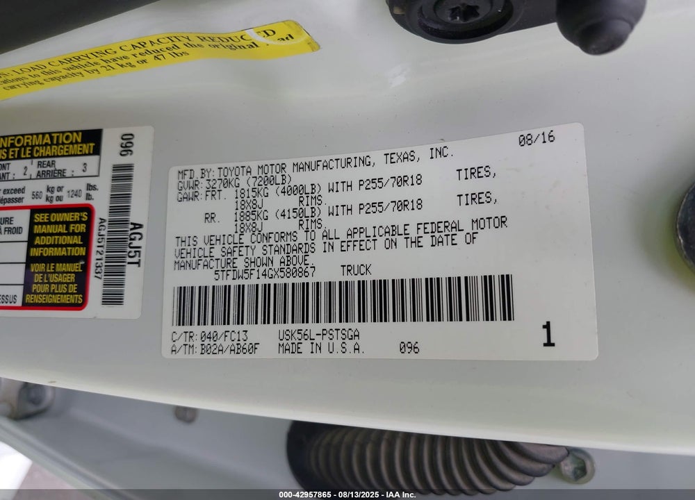 2016 TOYOTA TUNDRA SR5 5.7L V8 VIN: 5TFDW5F14GX580867