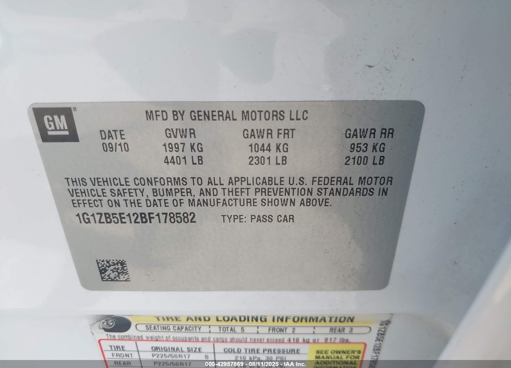 2011 CHEVROLET MALIBU VIN: 1G1ZB5E12BF178582