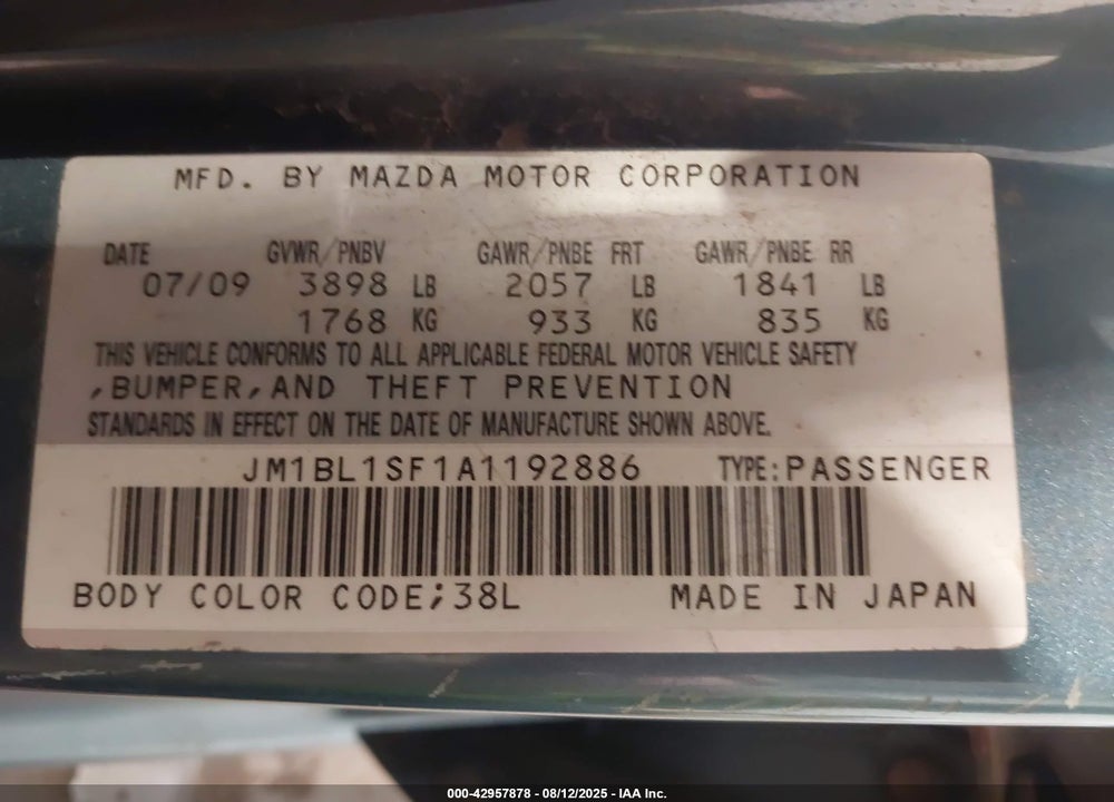 2010 MAZDA 3 VIN: JM1BL1SF1A1192886
