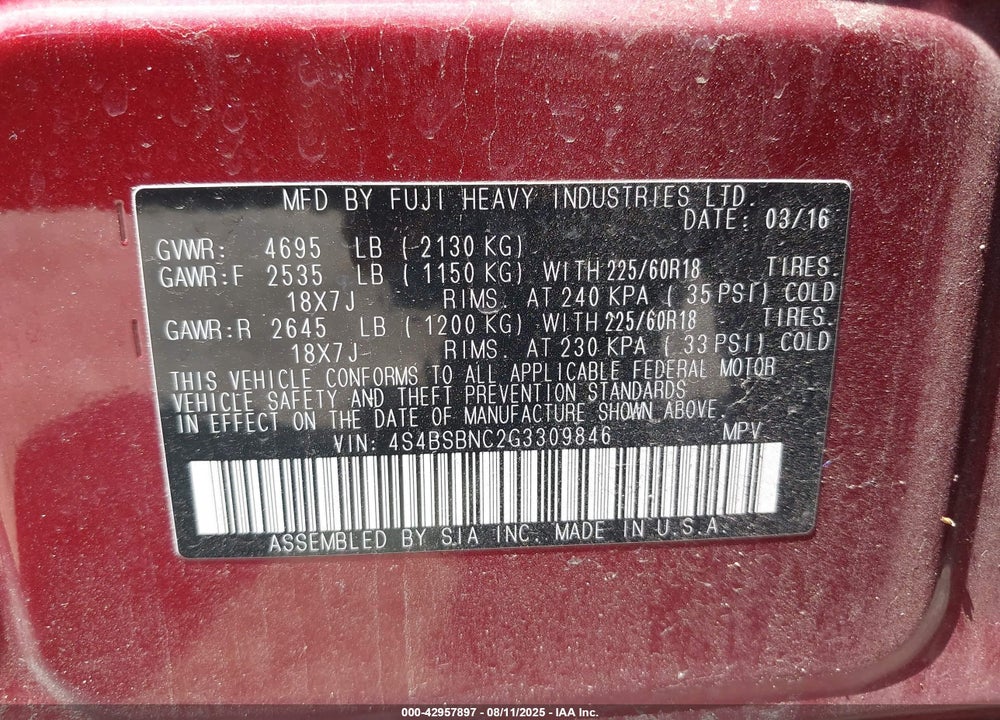 2016 SUBARU OUTBACK VIN: 4S4BSBNC2G3309846